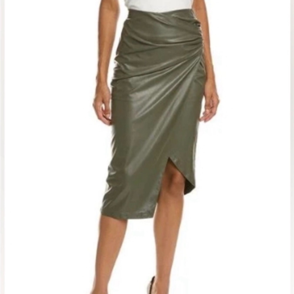 Helmut Lang Olive Faux-Leather Ruched Midi Skirt Size L